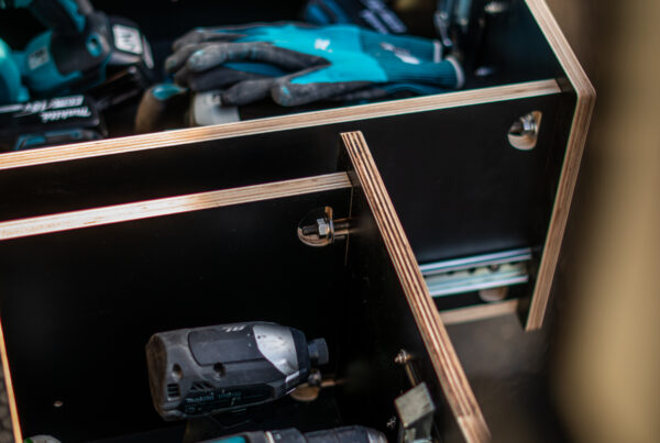 Workvan storage system designed by industrial designer Auckland-based Evan Thomas – modular drawer units installed in a trade van.