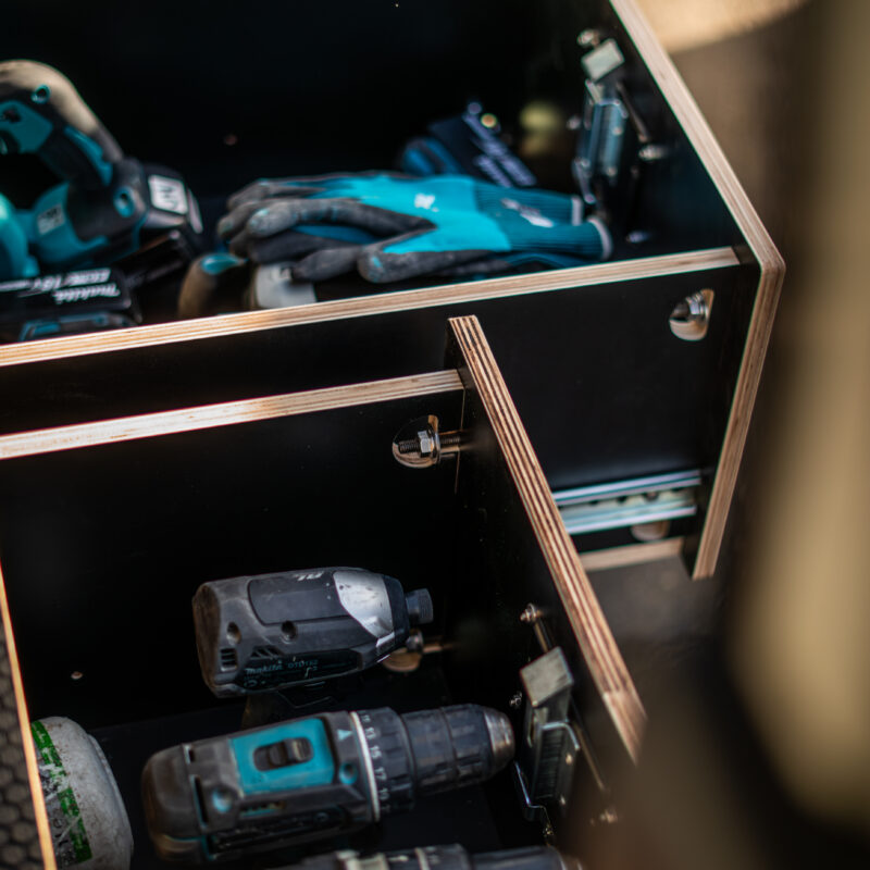 Workvan storage system designed by industrial designer Auckland-based Evan Thomas – modular drawer units installed in a trade van.