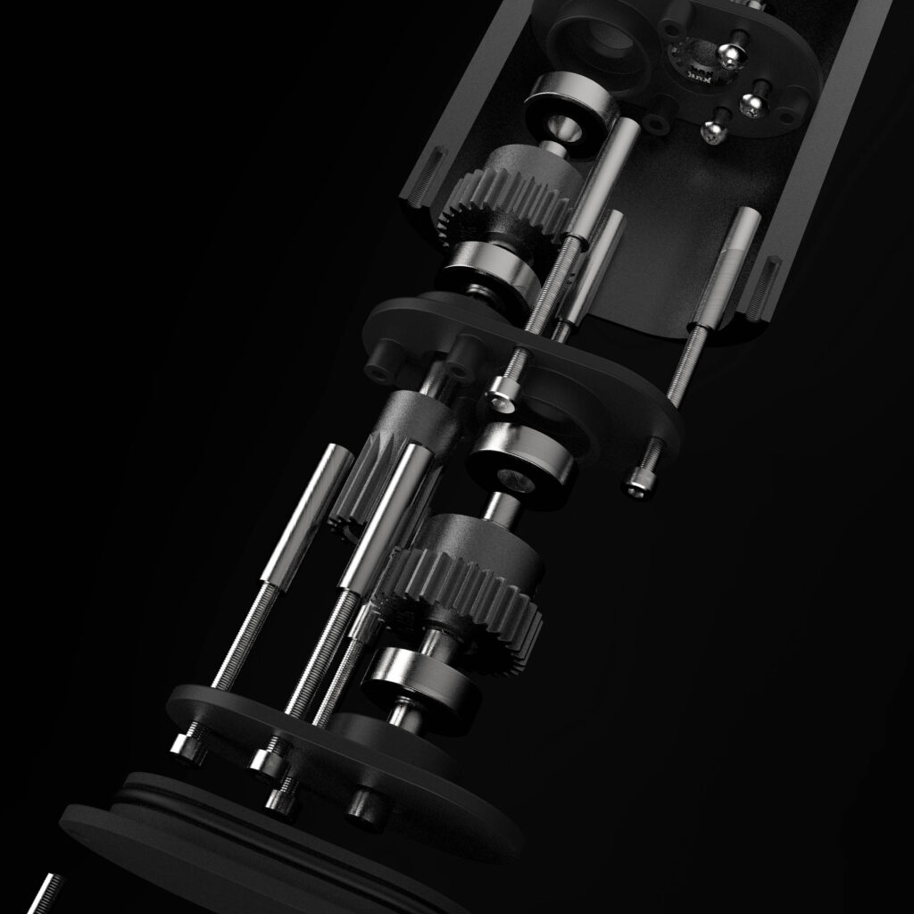 Efoil Gearbox Render.40 copy Exploded view of a mechanical device by Evan Thomas, Product Design NZ, showing multiple metal gears, rods, and cylindrical components aligned vertically against a black background.