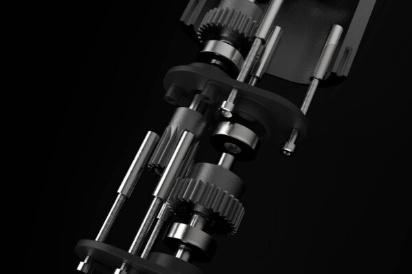 Efoil Gearbox Render.40 copy Exploded view of a mechanical device by Evan Thomas, Product Design NZ, showing multiple metal gears, rods, and cylindrical components aligned vertically against a black background.